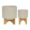 S/2 5/8" PLANTER W/ WOOD STAND, MATTE BEIGE