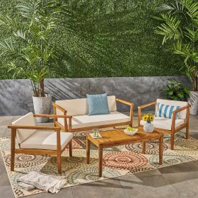 Outdoor 4-Seater Acacia Wood Chat Set with Coffee Table with Cushions, Teak and Beige