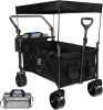 Collapsible Wagon Heavy Duty Folding Wagon Cart with Removable Canopy, 4" Wide Large All Terrain Wheels, Brake, Adjustable Handles