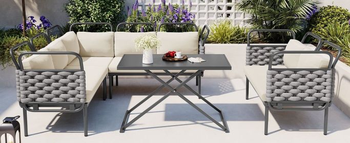 TOPMAX 5-Piece Modern Patio Sectional Sofa Set Outdoor Woven Rope Furniture Set with Glass Table and Cushions, Gray+Beige