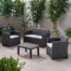 Outdoor Faux Wicker Rattan Style Chat Set with Water Resistant Cushions, 4-Pcs Set, Charcoal / Light Grey