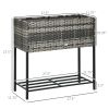 Outsunny Raised Garden Bed, Elevated Planter Box with Rattan Wicker Look, Tool Storage Shelf, Portable Design for Herbs, Vegetables, Flowers, Gray