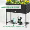 Outsunny Raised Garden Bed, Elevated Planter Box with Rattan Wicker Look, Tool Storage Shelf, Portable Design for Herbs, Vegetables, Flowers, Black