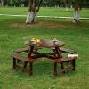 Outdoor 6 Person Picnic Table, 6 person Round Picnic Table with 3 Built-in Benches, Umbrella Hole, Outside Table and Bench Set for Garden, Backyard