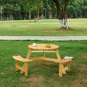 Outdoor 6 Person Picnic Table, 6 person Round Picnic Table with 3 Built-in Benches, Umbrella Hole, Outside Table and Bench Set for Garden, Backyard (Person: 6, Color: natural)