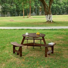 Outdoor 6 Person Picnic Table, 6 person Round Picnic Table with 3 Built-in Benches, Umbrella Hole, Outside Table and Bench Set for Garden, Backyard (Person: 6, Color: Brown)