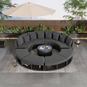 Outdoor Patio Furniture Luxury Circular Outdoor Sofa Set Rattan Wicker Sectional Sofa Lounge Set with Tempered Glass Coffee Table, 6 Pillows (Color: grey)