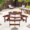 Outdoor 6 Person Picnic Table, 6 person Round Picnic Table with 3 Built-in Benches, Umbrella Hole, Outside Table and Bench Set for Garden, Backyard