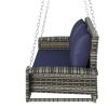 2-Person Wicker Hanging Porch Swing with Chains; Cushion; Pillow; Rattan Swing Bench for Garden; Backyard; Pond