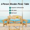 Outdoor 6 Person Picnic Table, 6 person Round Picnic Table with 3 Built-in Benches, Umbrella Hole, Outside Table and Bench Set for Garden, Backyard