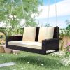 2-Person Wicker Hanging Porch Swing with Chains; Cushion; Pillow; Rattan Swing Bench for Garden; Backyard; Pond