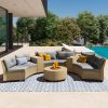 [VIDEO provided] 6 - Person Fan-shaped Rattan Suit Combination with Cushions and Table; Suitable for Garden