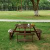 Outdoor 6 Person Picnic Table, 6 person Round Picnic Table with 3 Built-in Benches, Umbrella Hole, Outside Table and Bench Set for Garden, Backyard