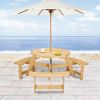 Outdoor 6 Person Picnic Table, 6 person Round Picnic Table with 3 Built-in Benches, Umbrella Hole, Outside Table and Bench Set for Garden, Backyard