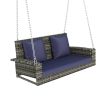 2-Person Wicker Hanging Porch Swing with Chains; Cushion; Pillow; Rattan Swing Bench for Garden; Backyard; Pond