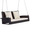 2-Person Wicker Hanging Porch Swing with Chains; Cushion; Pillow; Rattan Swing Bench for Garden; Backyard; Pond