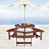 Outdoor 6 Person Picnic Table, 6 person Round Picnic Table with 3 Built-in Benches, Umbrella Hole, Outside Table and Bench Set for Garden, Backyard