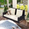 2-Person Wicker Hanging Porch Swing with Chains; Cushion; Pillow; Rattan Swing Bench for Garden; Backyard; Pond