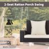 2-Person Wicker Hanging Porch Swing with Chains; Cushion; Pillow; Rattan Swing Bench for Garden; Backyard; Pond