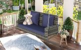 2-Person Wicker Hanging Porch Swing with Chains; Cushion; Pillow; Rattan Swing Bench for Garden; Backyard; Pond