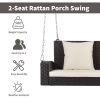 2-Person Wicker Hanging Porch Swing with Chains; Cushion; Pillow; Rattan Swing Bench for Garden; Backyard; Pond