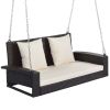 2-Person Wicker Hanging Porch Swing with Chains; Cushion; Pillow; Rattan Swing Bench for Garden; Backyard; Pond