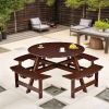 Outdoor 6 Person Picnic Table, 6 person Round Picnic Table with 3 Built-in Benches, Umbrella Hole, Outside Table and Bench Set for Garden, Backyard