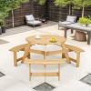 Outdoor 6 Person Picnic Table, 6 person Round Picnic Table with 3 Built-in Benches, Umbrella Hole, Outside Table and Bench Set for Garden, Backyard